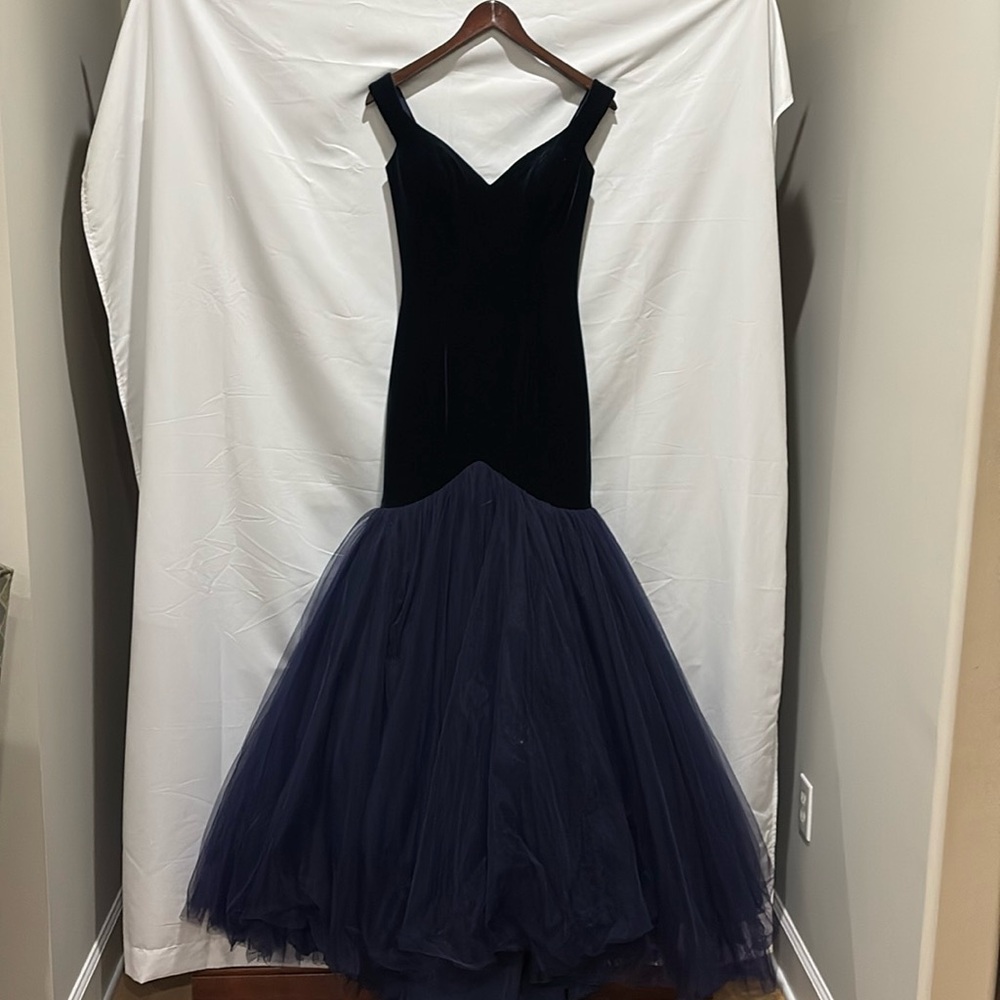 Sherri Hill navy velvet pageant dress